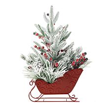 Glitzhome 21" Red Christmas Sleigh Frosted Floral Centerpiece