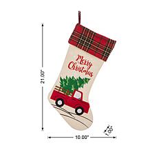 Glitzhome 21in. H Embroidered Linen Christmas Red Truck Stocking