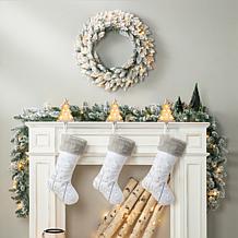 Glitzhome 24" D LED Flocked Christmas Wreath and 2pk 9' Garland Set