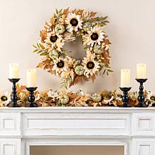 Glitzhome 24"D Fall Neutral Sunflower, Pumpkin and Leaf Wreath