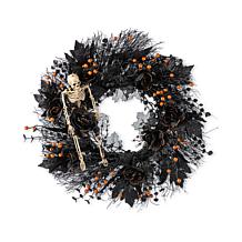 Glitzhome 24"D Halloween Black Rose, Skeleton & Berry Wreath w Hanger