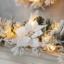 Glitzhome 2pk 9' Flocked Pine Poinsettia Garland with White LED Lights