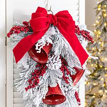 Glitzhome 30"H Flocked Red Bell & Berry Bow Teardrop