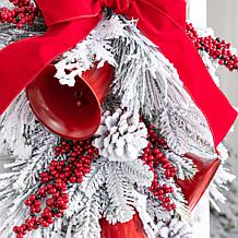Glitzhome 30"H Flocked Red Bell & Berry Bow Teardrop