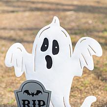 Glitzhome 32.25" Lighted Metal Ghost Tombstone Yard Stake with Timer