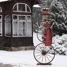 Glitzhome 34" Metal Bike Wheel Snowman with Plaid Scarf Porch Décor