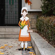 Glitzhome 36in. H Metal Thanksgiving Pilgrim Girl Yard or Hang Decor