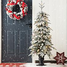 Glitzhome 5' Flocked Fir Artificial Christmas Tree with White Lights