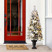 Glitzhome 5ft Poinsettia Flocked Pine Artificial Christmas Porch Tree