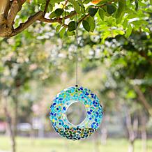 Glitzhome 8''D Glass Round Hanging Blue/Green Mosaic Birdfeeder