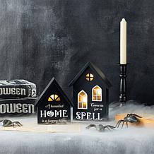 Glitzhome 8"H 2pc Lighted Halloween Wooden House-shaped Table Decor