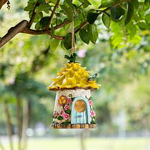 Glitzhome 9" Resin Birdhouse with Rope and Floral Design