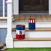 Glitzhome Metal Patriotic Americana Lantern Bucket - Set of 2