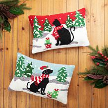 Glitzhome Set of 2 18in. L Hooked Christmas Cat and Dog Pillow