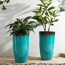 Glitzhome Set of 2 Gradient Turquoise Faux Ceramic Plastic Planters