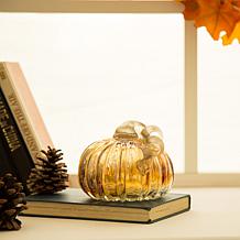 Glitzhome Set of 2 Green and Amber Crackle Glass Short Pumpkin