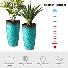 Glitzhome Set of 2 Honeycomb Textured Turquoise Tall Plastic Planters