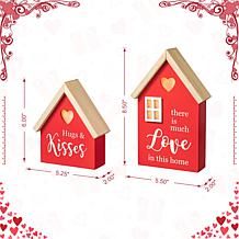Glitzhome Set of 2 Lighted Valentine's Wooden House-shaped Table Decor