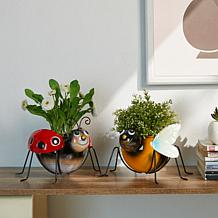 Glitzhome Set of 2 Metal Bee/Ladybug Statue Planters with Drainage