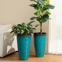 Glitzhome Set of 2 Oversized Wavy Texture Turquoise Plastic Planter