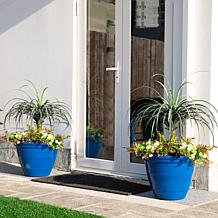 Glitzhome Set of 2 Round Cobalt Blue Faux Ceramic Pot Plastic Planter