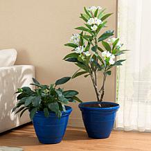 Glitzhome Set of 2 Round Cobalt Blue Faux Ceramic Pot Plastic Planter