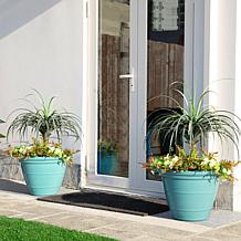 Glitzhome Set of 2 Round Turquoise Faux Ceramic Pot Plastic Planter