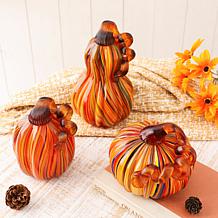 Glitzhome Set of 3 Multi Striped Glass Pumpkin and Gourd