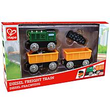 Hape Diesel Freight TrainGreen and Orange 3pc Wooden Locomotive Toy