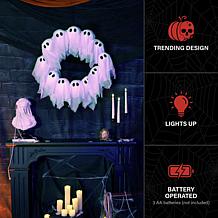Haunted Hill Farm 2-Ft. Lighted Black & White Ghost Wreath for Indo...