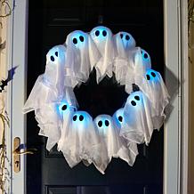 Haunted Hill Farm 2-Ft. Lighted Black & White Ghost Wreath for Indo...
