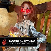 Haunted Hill Farm 3.8-Ft. Sitting Animated Creepy Woman Holding Dol...