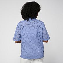 HUE Button-Front Cotton Eyelet Top