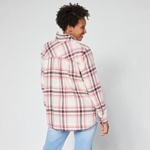 HUE Plaid Flannel Button-Down Hi-Low Hem Shirt