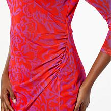 IMAN Global Chic Printed Mesh Dress with Front Seam Ruching