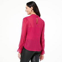 Jaclyn Smith Crinkle Chiffon Puff Sleeve Neck Tie Blouse