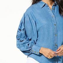 Jaclyn Smith Embroidered Cutout Button-Up Poplin Shirt - Medium Wash