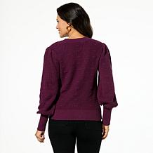 Jaclyn Smith Pointelle V-Neck Puff Sleeve Sweater