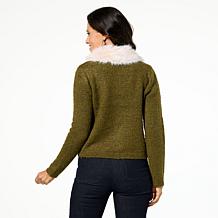 Jaclyn Smith Zipper-Front Sweater Jacket w/ Detachable Faux Fur Collar