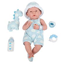 JC Toys La Newborn 15" Real Boy Baby Doll w/ Blue Outfit and Dinosaur