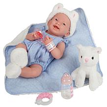 JC Toys La Newborn 15" Real Girl Baby Doll Blue Outfit & Pet Cat