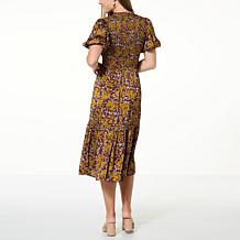 La Joie Bubble-Sleeve Smocked Bodice Satin Midi Dress