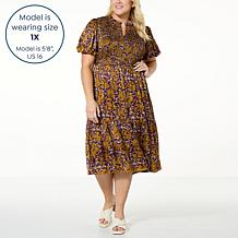 La Joie Bubble-Sleeve Smocked Bodice Satin Midi Dress