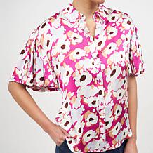 La Joie Flutter-Sleeve Button Front Printed Blouse