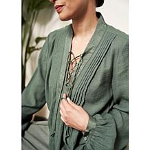 La Joie Micro Crepe Lace-Up Pleated Blouse