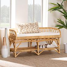 Leryn Natural Rattan Bench with Cushion and Storage Shelf
