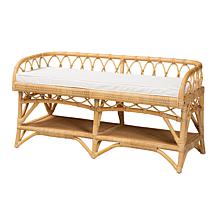 Leryn Natural Rattan Bench with Cushion and Storage Shelf