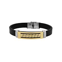 Men's Black Leather Bracelet with Stainless Steel Greek Key Design