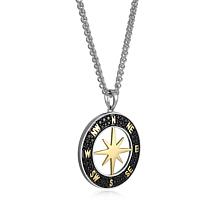 Men's Black Spinel Compass Two-tone Sterling Silver Pendant Necklace