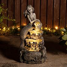 Mermaid Outdoor Fountain with LED Lights and Cascading Shell Tiers